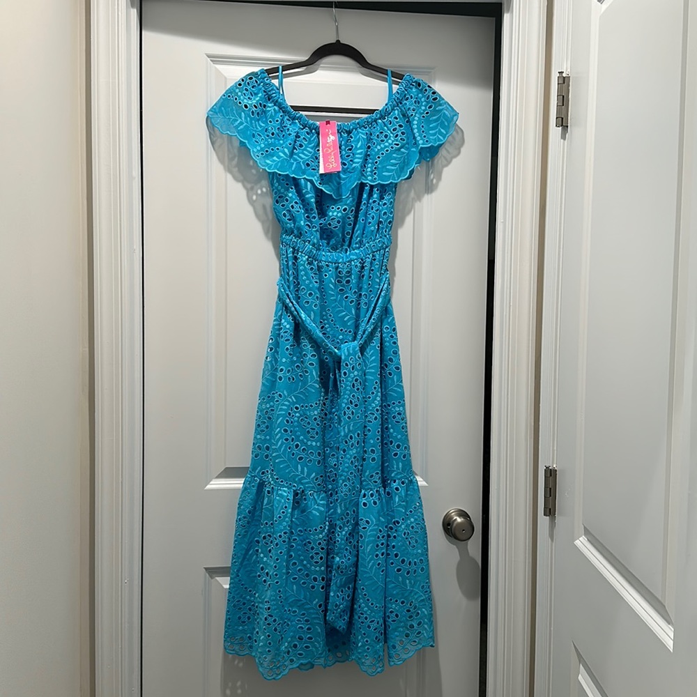 Lilly Pulitzer, Geri Off The Shoulder Midi Dress, Seabreeze Blue, Size Small